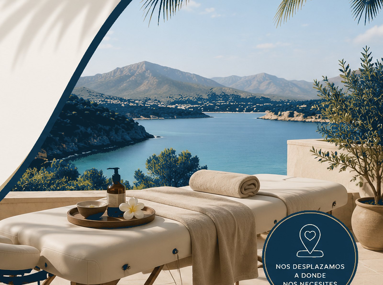 Camilla de masaje montada en la terraza de una villa con vistas a una cala de Mallorca