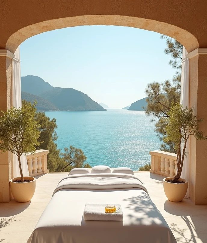 Porche de una villa de Mallorca con vistas al mar, preparado para una sesión