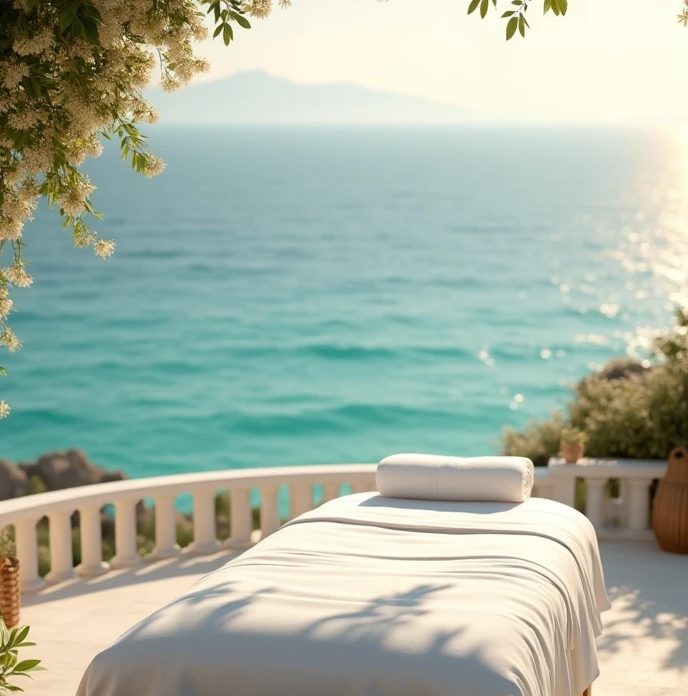 Terraza de una villa de Mallorca frente al mar, preparada para una sesión al aire libre